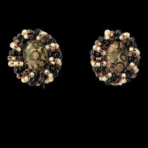 Vintage artist made Leopard Jasper black gold pearl glass bead earrings 1”